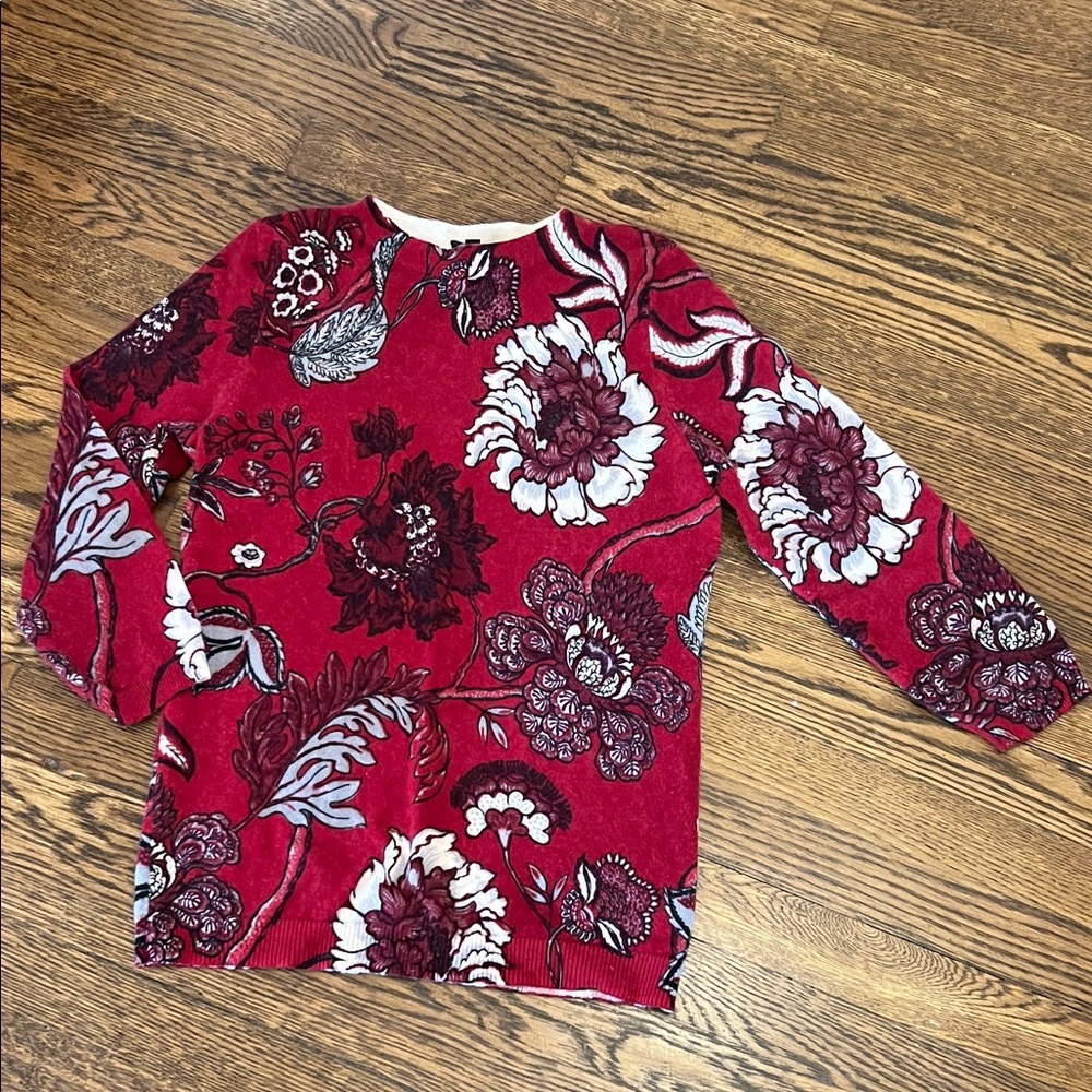 Talbots Red and Cream Floral Cashmere Sweater